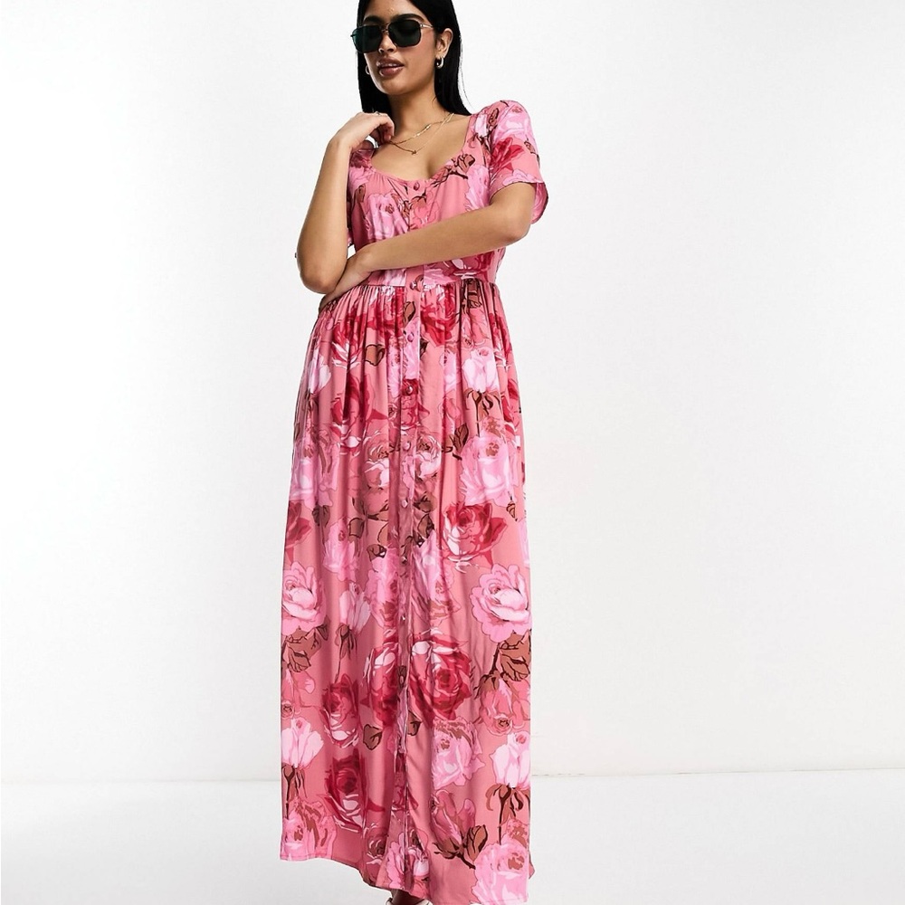 Button up midi dress in rose print